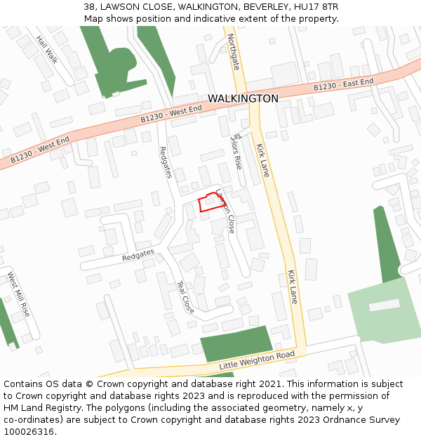 38, LAWSON CLOSE, WALKINGTON, BEVERLEY, HU17 8TR: Location map and indicative extent of plot