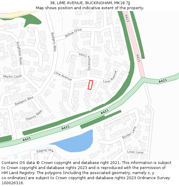 38, LIME AVENUE, BUCKINGHAM, MK18 7JJ: Location map and indicative extent of plot