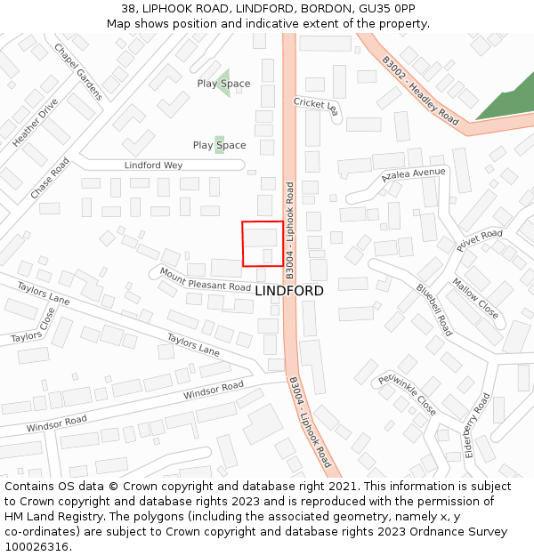 38, LIPHOOK ROAD, LINDFORD, BORDON, GU35 0PP: Location map and indicative extent of plot