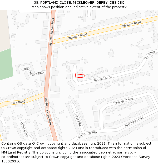 38, PORTLAND CLOSE, MICKLEOVER, DERBY, DE3 9BQ: Location map and indicative extent of plot