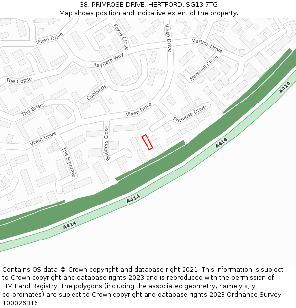 38, PRIMROSE DRIVE, HERTFORD, SG13 7TG: Location map and indicative extent of plot