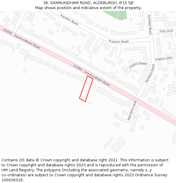 38, SAXMUNDHAM ROAD, ALDEBURGH, IP15 5JE: Location map and indicative extent of plot