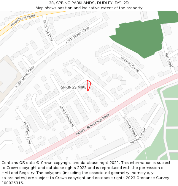 38, SPRING PARKLANDS, DUDLEY, DY1 2DJ: Location map and indicative extent of plot