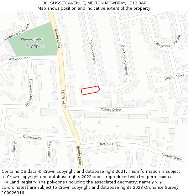 38, SUSSEX AVENUE, MELTON MOWBRAY, LE13 0AP: Location map and indicative extent of plot