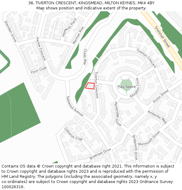 38, TIVERTON CRESCENT, KINGSMEAD, MILTON KEYNES, MK4 4BY: Location map and indicative extent of plot