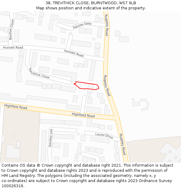 38, TREVITHICK CLOSE, BURNTWOOD, WS7 9LB: Location map and indicative extent of plot