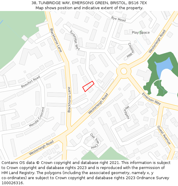 38, TUNBRIDGE WAY, EMERSONS GREEN, BRISTOL, BS16 7EX: Location map and indicative extent of plot