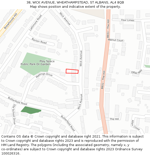 38, WICK AVENUE, WHEATHAMPSTEAD, ST ALBANS, AL4 8QB: Location map and indicative extent of plot