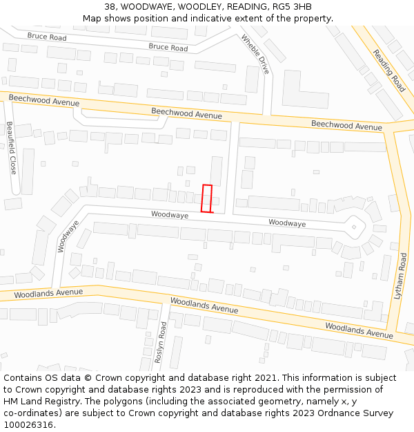 38, WOODWAYE, WOODLEY, READING, RG5 3HB: Location map and indicative extent of plot