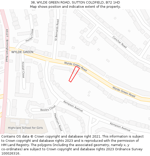 38, WYLDE GREEN ROAD, SUTTON COLDFIELD, B72 1HD: Location map and indicative extent of plot