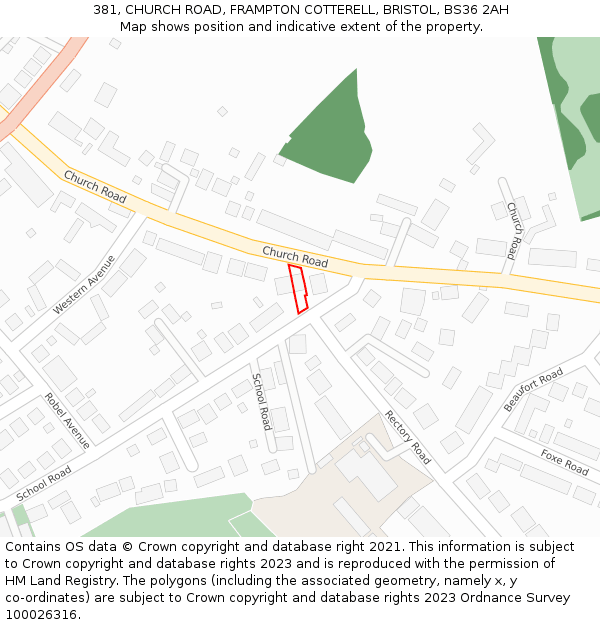 381, CHURCH ROAD, FRAMPTON COTTERELL, BRISTOL, BS36 2AH: Location map and indicative extent of plot