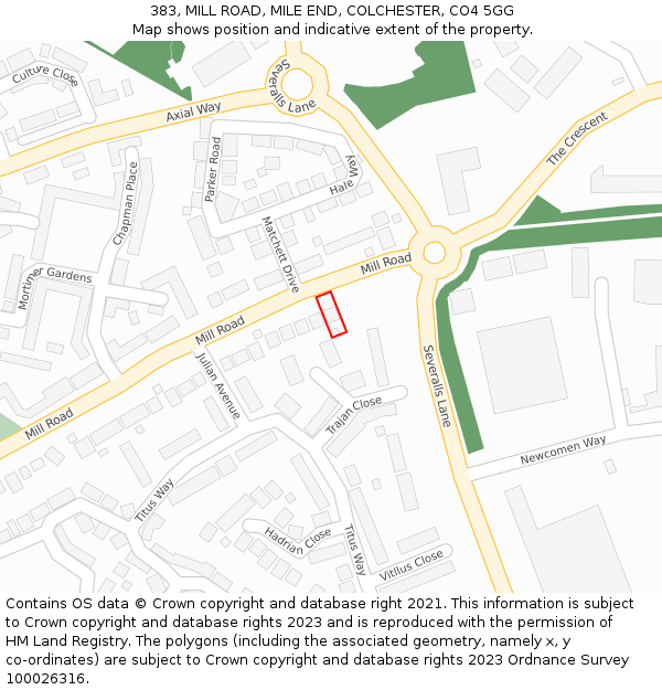 383, MILL ROAD, MILE END, COLCHESTER, CO4 5GG: Location map and indicative extent of plot