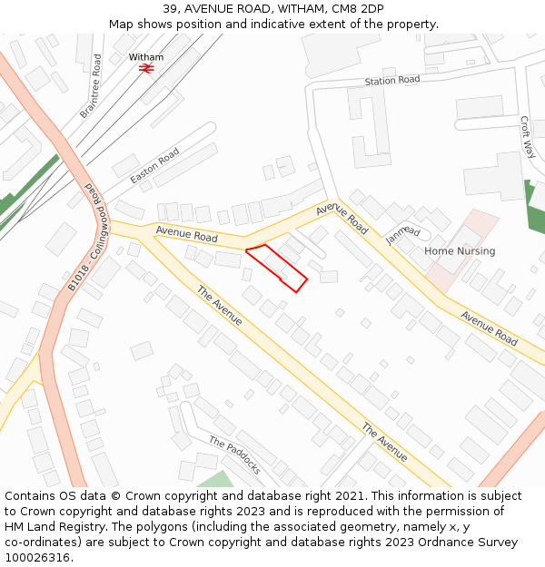 39, AVENUE ROAD, WITHAM, CM8 2DP: Location map and indicative extent of plot