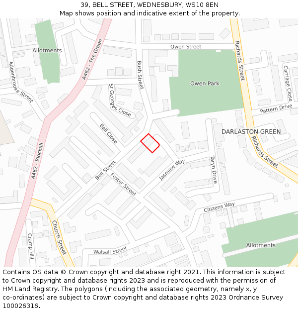 39, BELL STREET, WEDNESBURY, WS10 8EN: Location map and indicative extent of plot