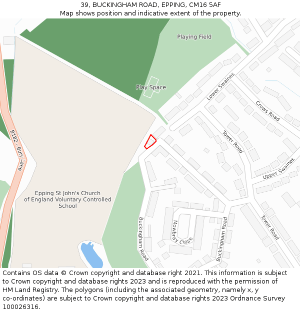 39, BUCKINGHAM ROAD, EPPING, CM16 5AF: Location map and indicative extent of plot