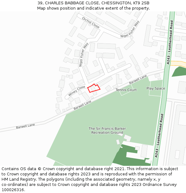 39, CHARLES BABBAGE CLOSE, CHESSINGTON, KT9 2SB: Location map and indicative extent of plot