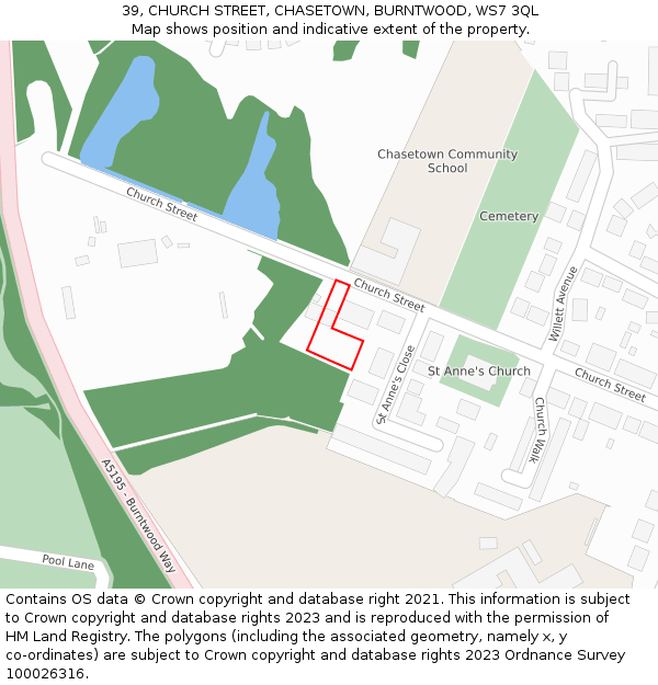 39, CHURCH STREET, CHASETOWN, BURNTWOOD, WS7 3QL: Location map and indicative extent of plot