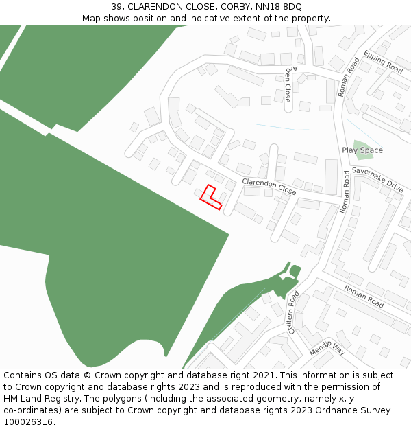 39, CLARENDON CLOSE, CORBY, NN18 8DQ: Location map and indicative extent of plot