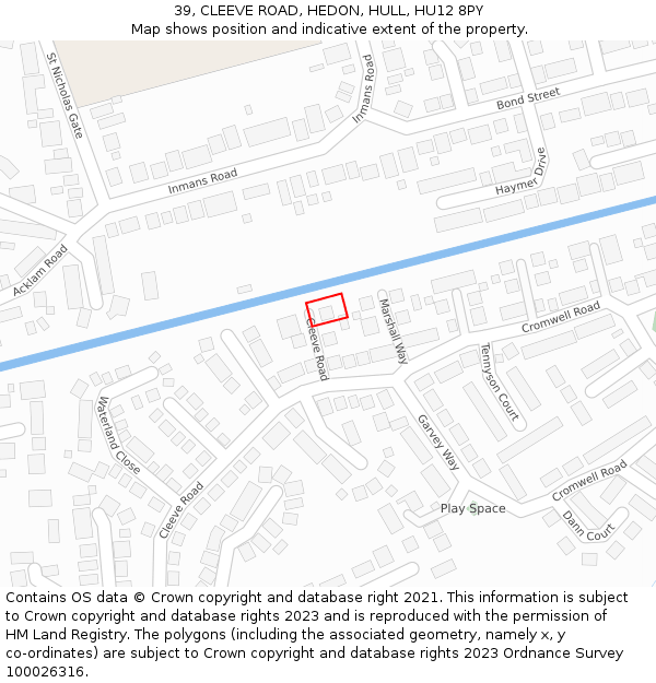 39, CLEEVE ROAD, HEDON, HULL, HU12 8PY: Location map and indicative extent of plot