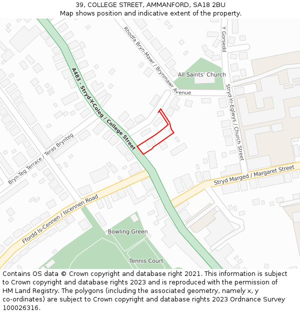 39, COLLEGE STREET, AMMANFORD, SA18 2BU: Location map and indicative extent of plot