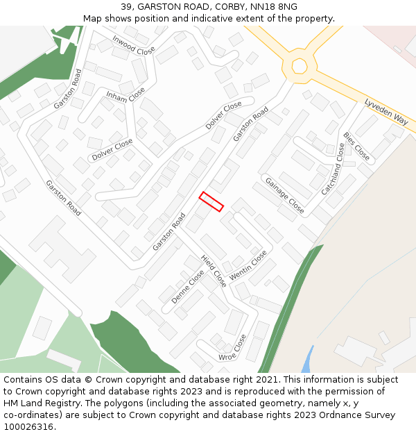 39, GARSTON ROAD, CORBY, NN18 8NG: Location map and indicative extent of plot