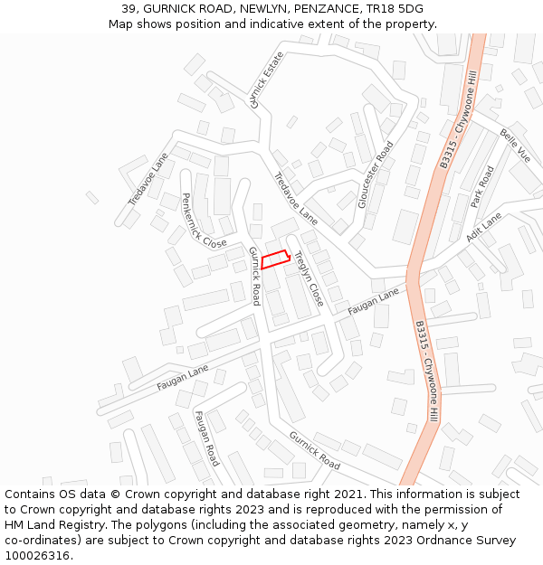 39, GURNICK ROAD, NEWLYN, PENZANCE, TR18 5DG: Location map and indicative extent of plot