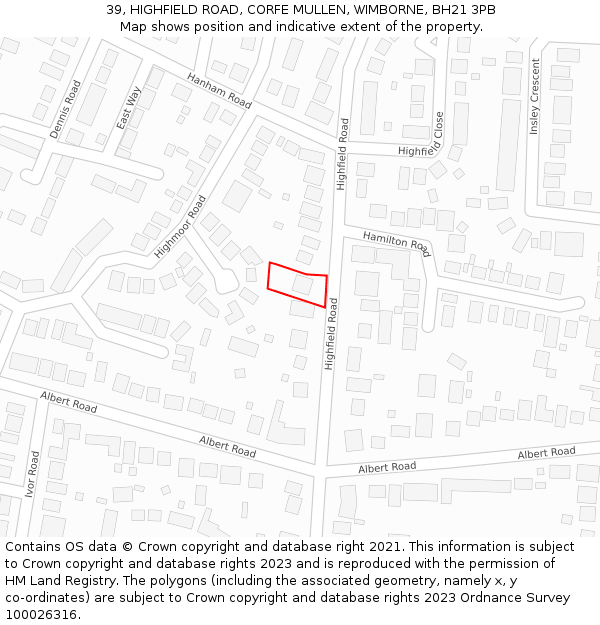 39, HIGHFIELD ROAD, CORFE MULLEN, WIMBORNE, BH21 3PB: Location map and indicative extent of plot