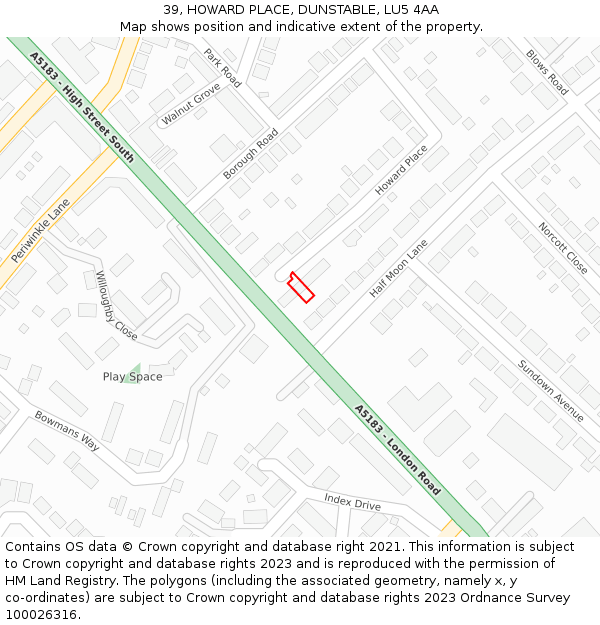 39, HOWARD PLACE, DUNSTABLE, LU5 4AA: Location map and indicative extent of plot