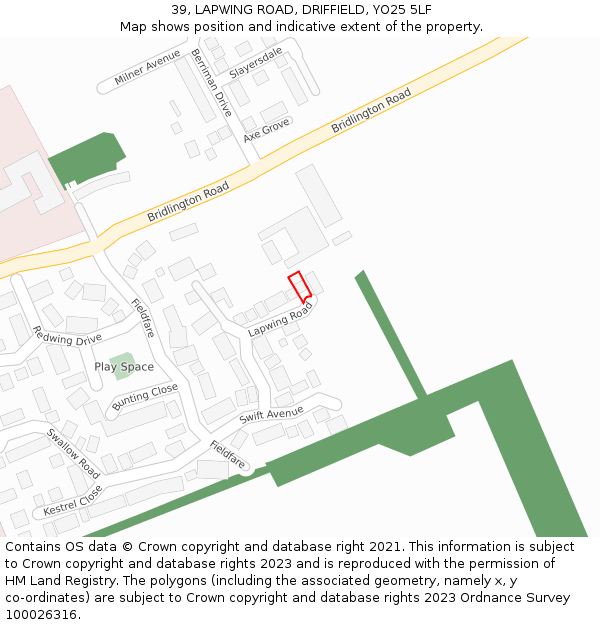 39, LAPWING ROAD, DRIFFIELD, YO25 5LF: Location map and indicative extent of plot