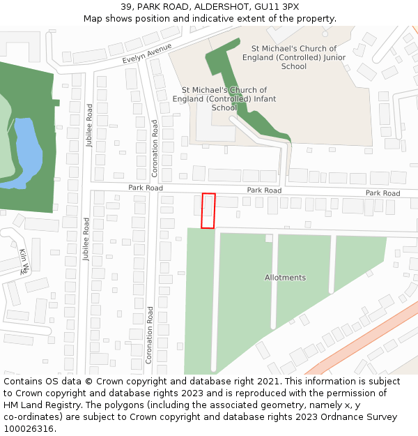 39, PARK ROAD, ALDERSHOT, GU11 3PX: Location map and indicative extent of plot