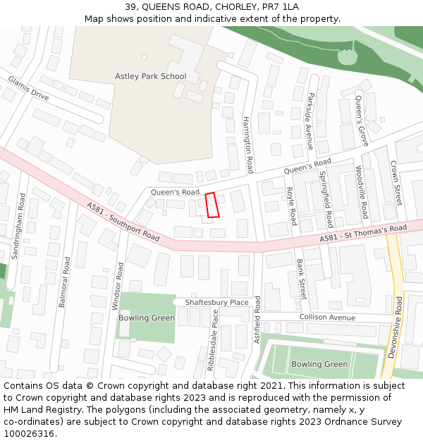 39, QUEENS ROAD, CHORLEY, PR7 1LA: Location map and indicative extent of plot