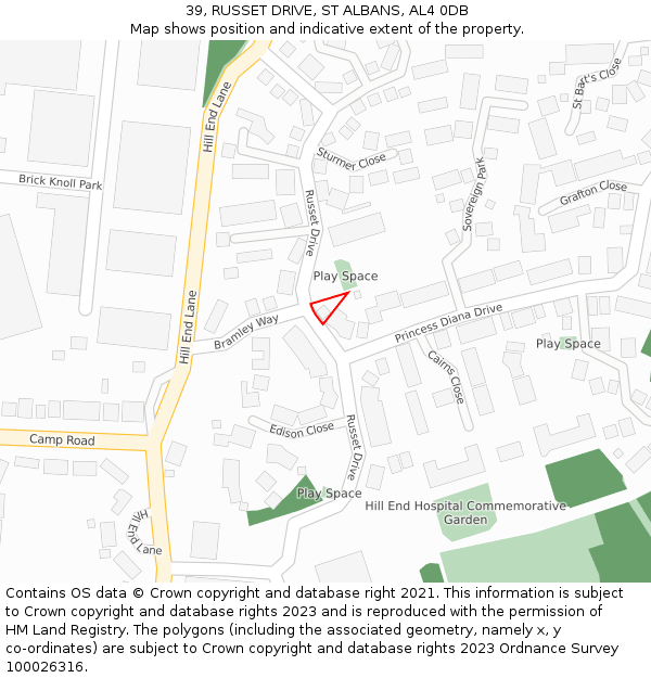 39, RUSSET DRIVE, ST ALBANS, AL4 0DB: Location map and indicative extent of plot