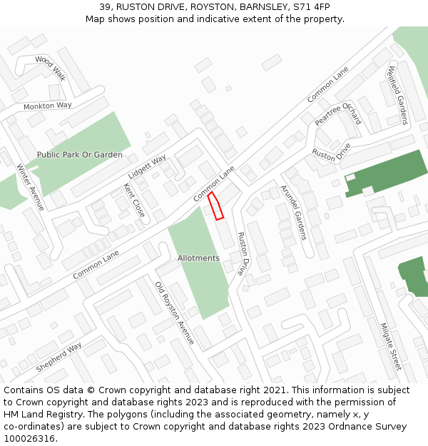 39, RUSTON DRIVE, ROYSTON, BARNSLEY, S71 4FP: Location map and indicative extent of plot