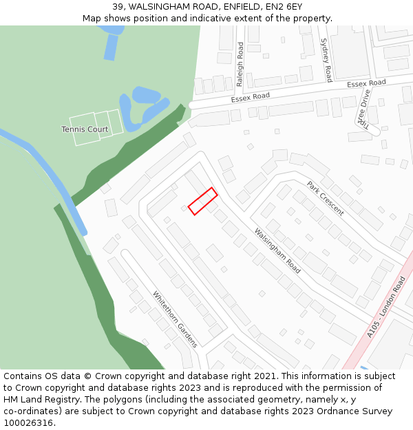 39, WALSINGHAM ROAD, ENFIELD, EN2 6EY: Location map and indicative extent of plot