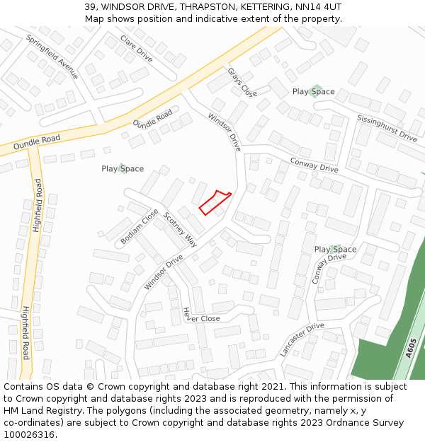 39, WINDSOR DRIVE, THRAPSTON, KETTERING, NN14 4UT: Location map and indicative extent of plot