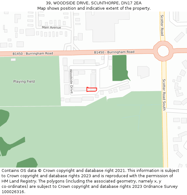 39, WOODSIDE DRIVE, SCUNTHORPE, DN17 2EA: Location map and indicative extent of plot