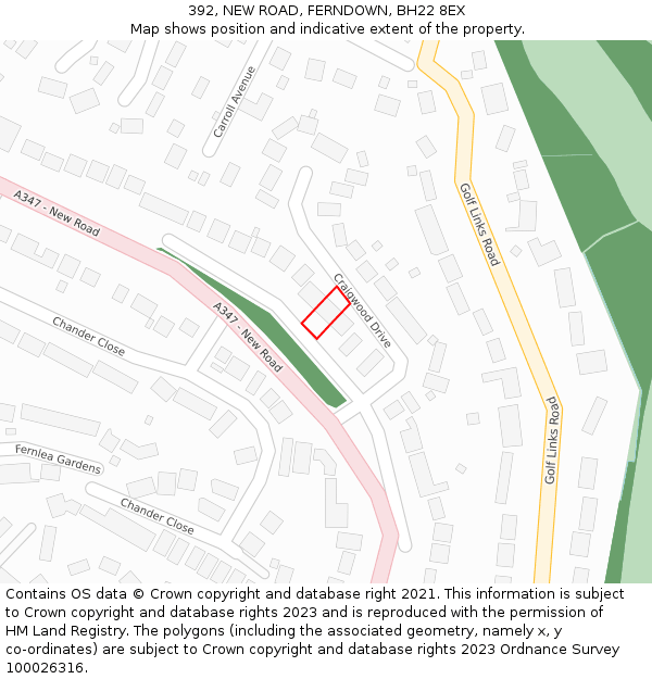 392, NEW ROAD, FERNDOWN, BH22 8EX: Location map and indicative extent of plot