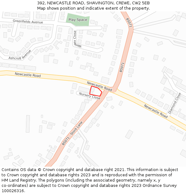 392, NEWCASTLE ROAD, SHAVINGTON, CREWE, CW2 5EB: Location map and indicative extent of plot