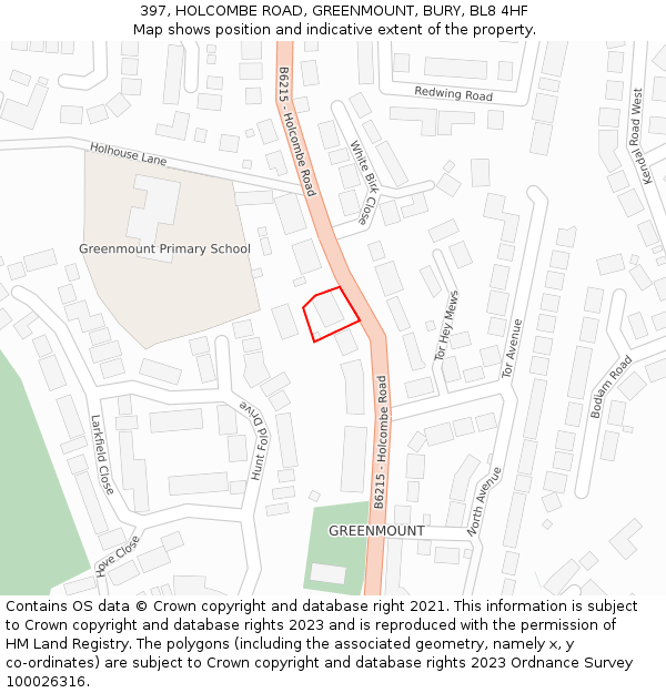 397, HOLCOMBE ROAD, GREENMOUNT, BURY, BL8 4HF: Location map and indicative extent of plot