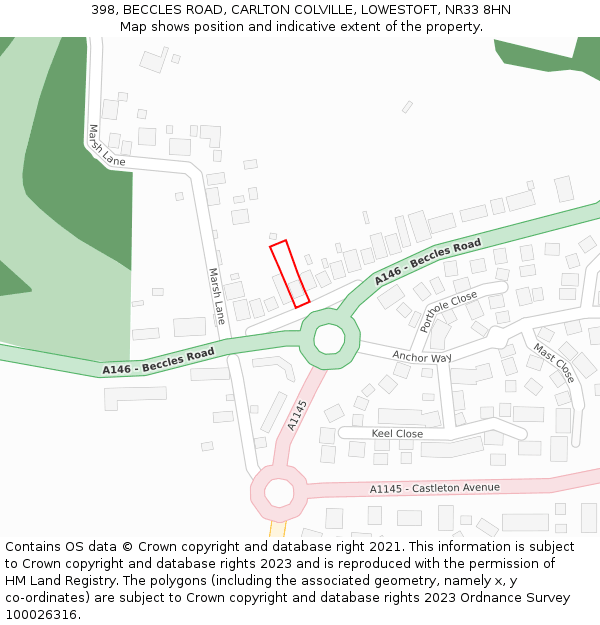 398, BECCLES ROAD, CARLTON COLVILLE, LOWESTOFT, NR33 8HN: Location map and indicative extent of plot