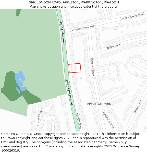 399, LONDON ROAD, APPLETON, WARRINGTON, WA4 5DN: Location map and indicative extent of plot