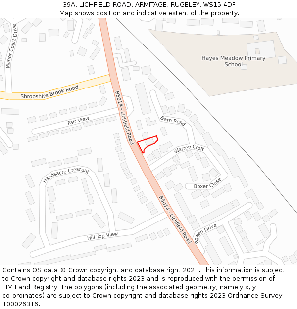 39A, LICHFIELD ROAD, ARMITAGE, RUGELEY, WS15 4DF: Location map and indicative extent of plot