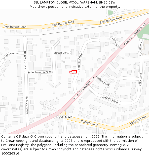 3B, LAMPTON CLOSE, WOOL, WAREHAM, BH20 6EW: Location map and indicative extent of plot