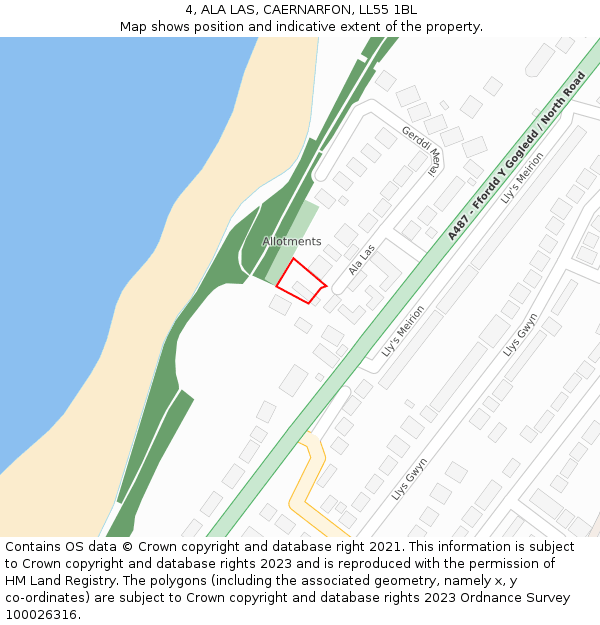 4, ALA LAS, CAERNARFON, LL55 1BL: Location map and indicative extent of plot