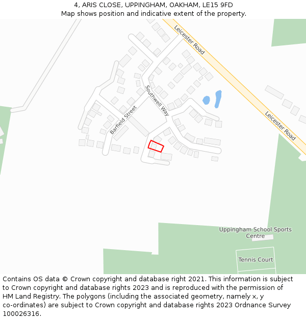 4, ARIS CLOSE, UPPINGHAM, OAKHAM, LE15 9FD: Location map and indicative extent of plot