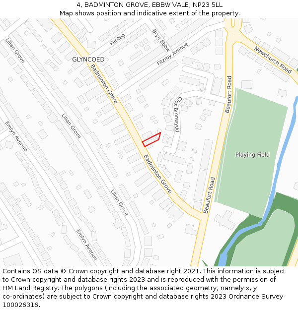 4, BADMINTON GROVE, EBBW VALE, NP23 5LL: Location map and indicative extent of plot