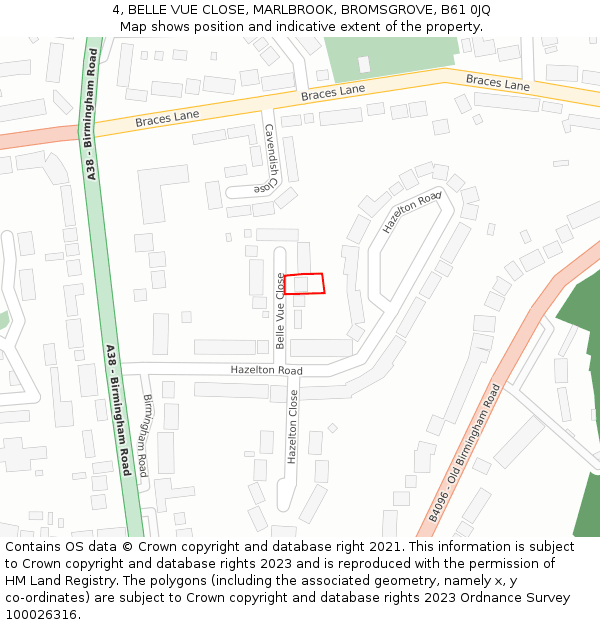 4, BELLE VUE CLOSE, MARLBROOK, BROMSGROVE, B61 0JQ: Location map and indicative extent of plot