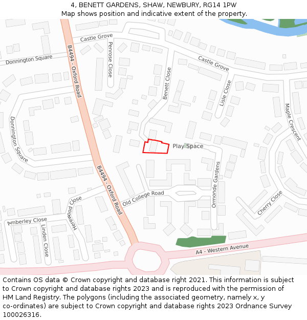 4, BENETT GARDENS, SHAW, NEWBURY, RG14 1PW: Location map and indicative extent of plot