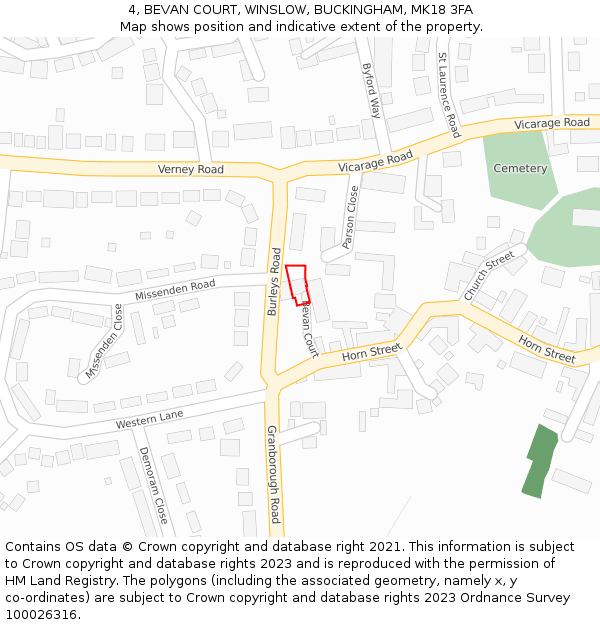 4, BEVAN COURT, WINSLOW, BUCKINGHAM, MK18 3FA: Location map and indicative extent of plot