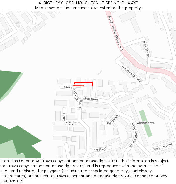 4, BIGBURY CLOSE, HOUGHTON LE SPRING, DH4 4XP: Location map and indicative extent of plot